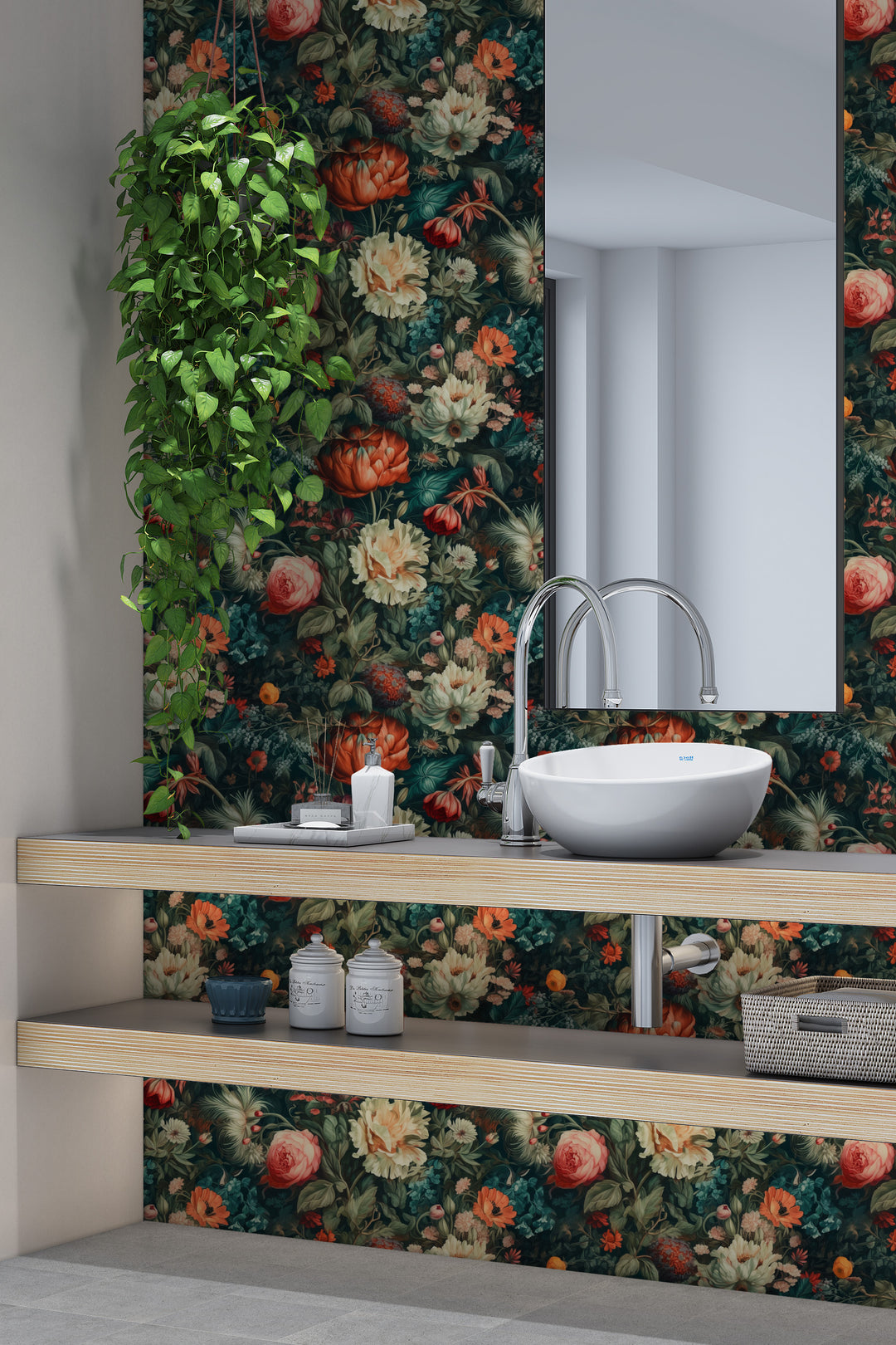 Dahlia Wallpaper Coral & Teal Vintage Floral Garden Pattern in a stylish bathroom.