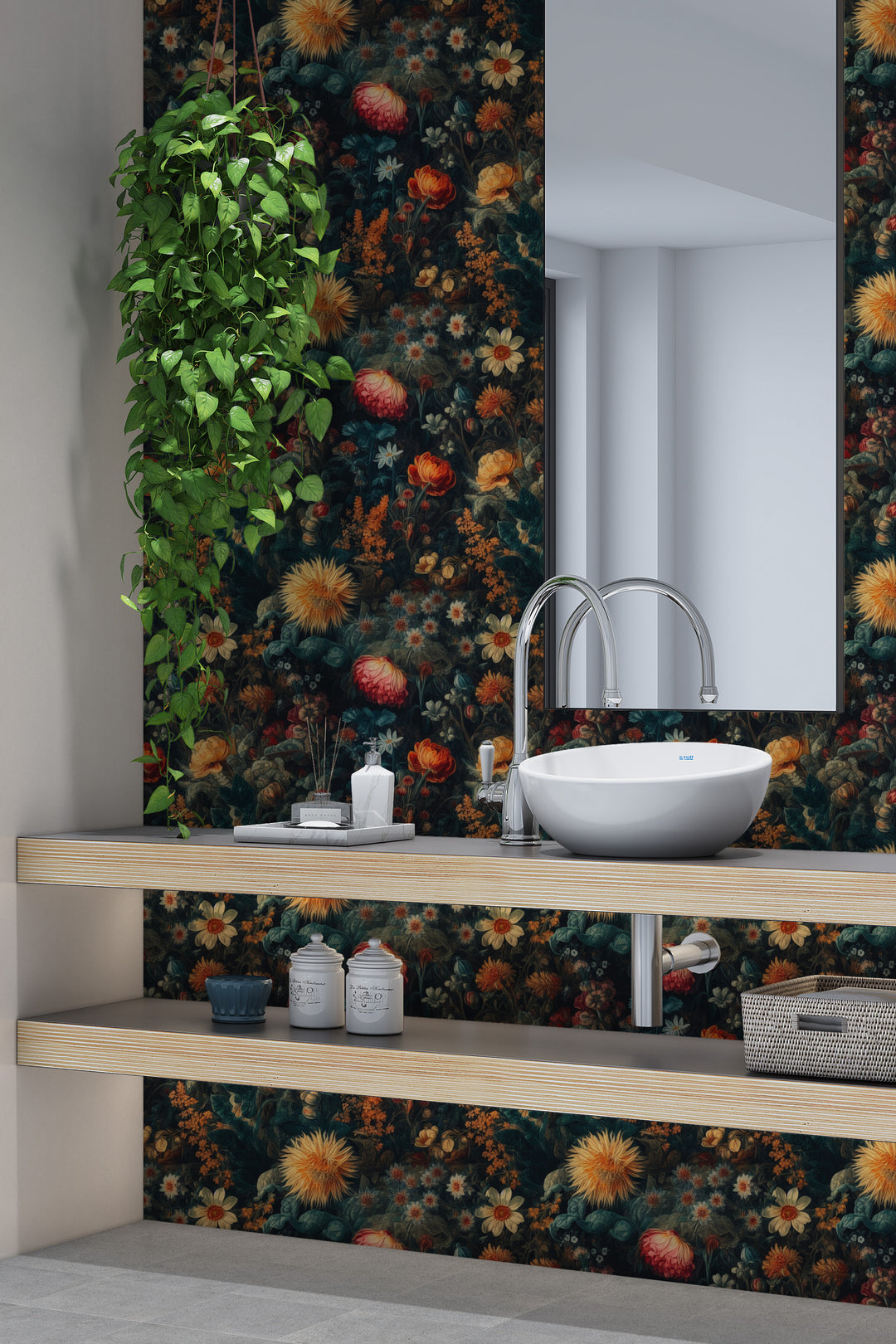 Dahlia Wallpaper Golden Orange Vintage Floral Pattern in a modern bathroom with a white sink and wooden shelves.