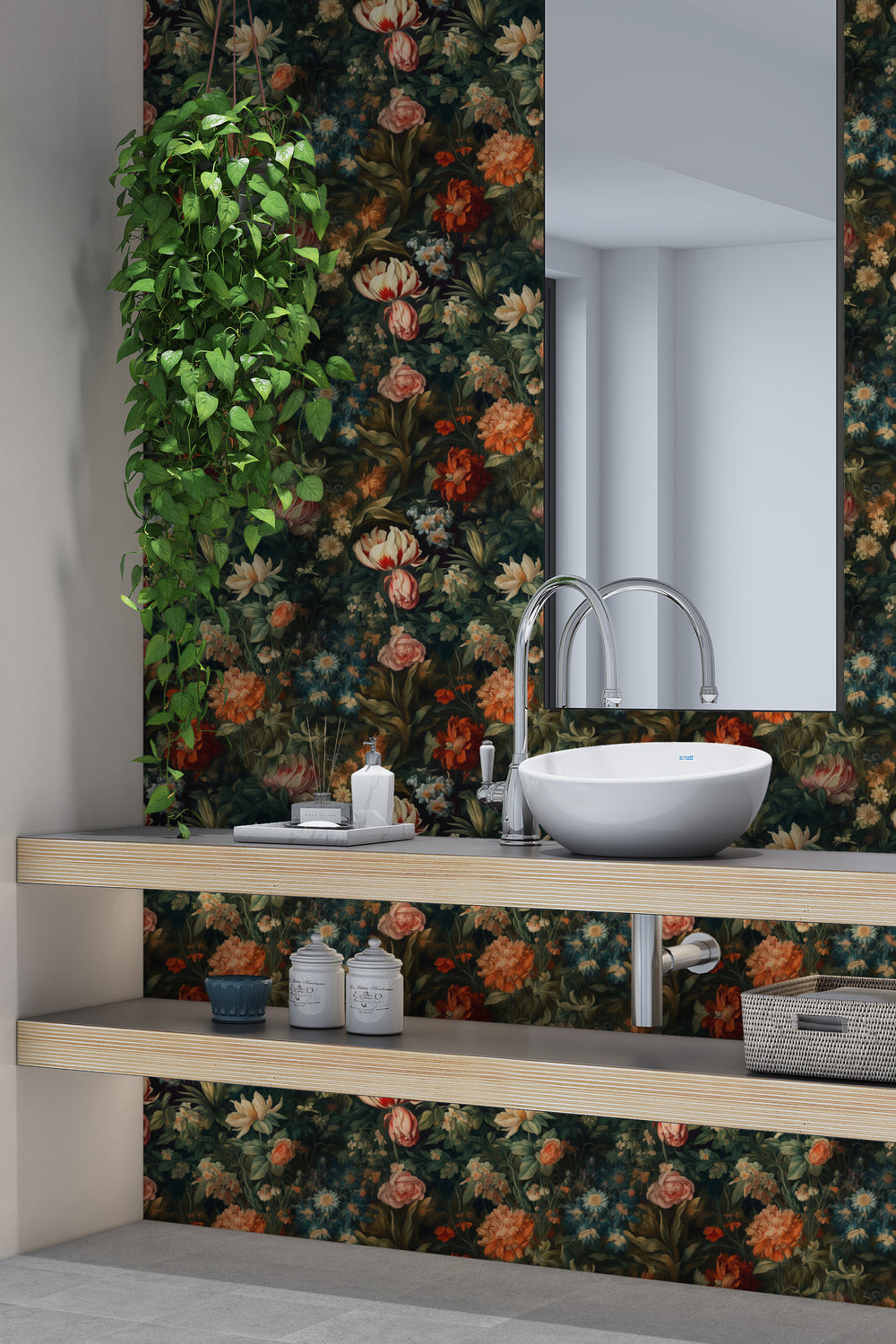 Dahlia Wallpaper Coral & Green Vintage Floral Garden Pattern featured in a modern bathroom.