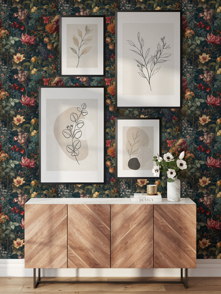 Dahlia Wallpaper Burgundy & Pink Vintage Floral Garden Pattern featured in a stylish entryway with framed botanical art.