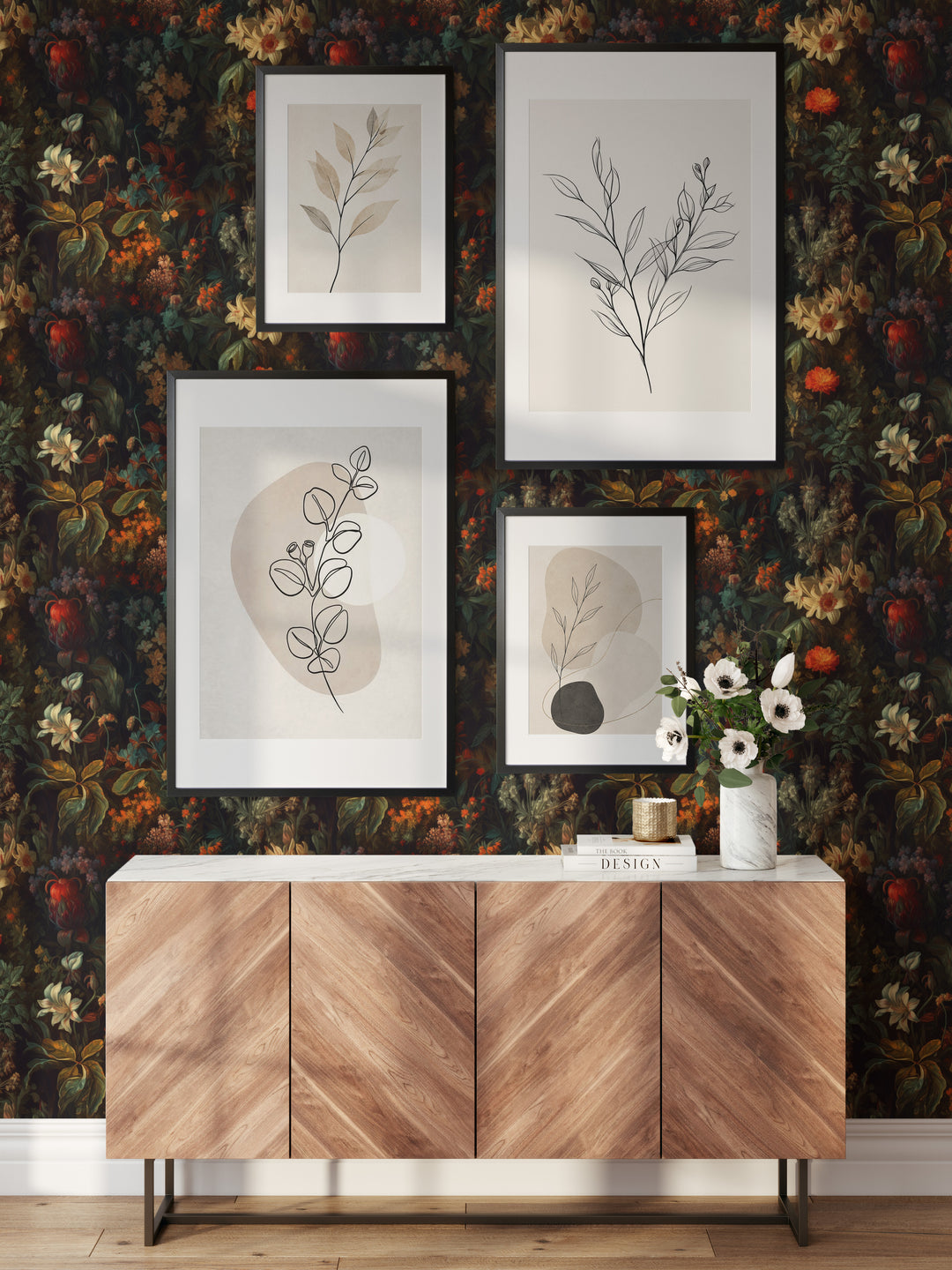 Dahlia Wallpaper Orange & Deep Green Floral Pattern in a stylish entryway with framed botanical art.