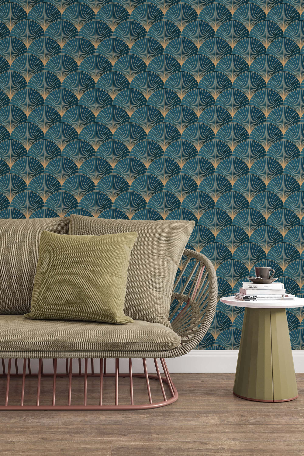 a living room with a sofa, a small side table, and a patterned wallpaper. The sofa has a yellow pillow on it, and the wall behind the sofa has a repeating pattern of blue and gold designs.