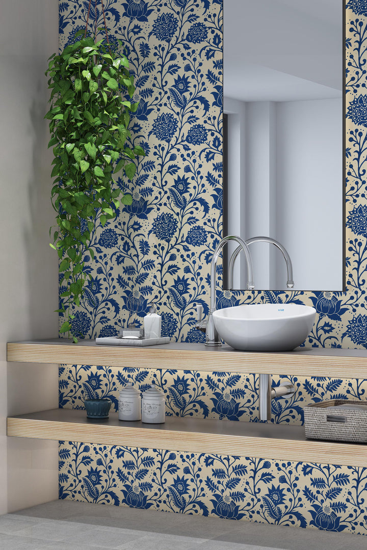 Blue Meadow Folk Floral — Scandinavian Botanical Wallpaper #3728