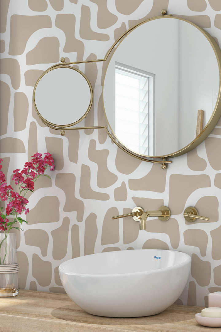 Beige and white abstract stone wallpaper in modern bathroom