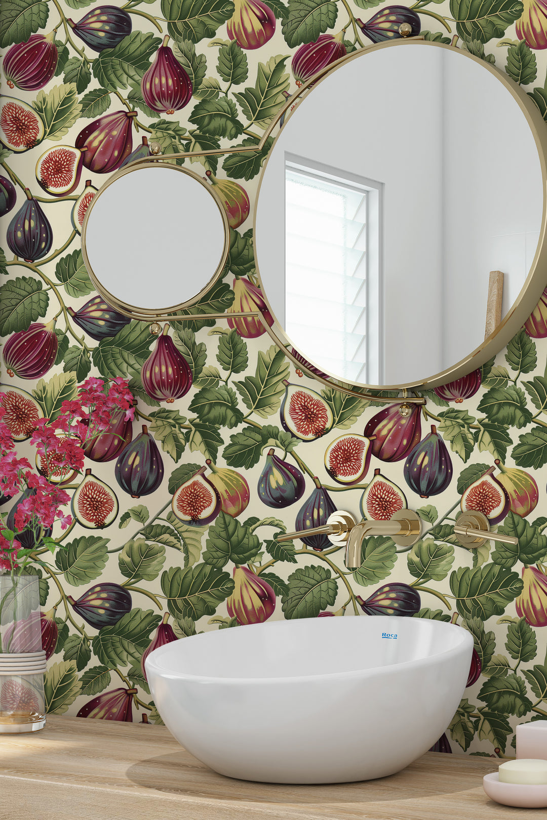Cream wallpaper with a vintage purple fig and leafy botanical pattern shown in a modern bathroom.