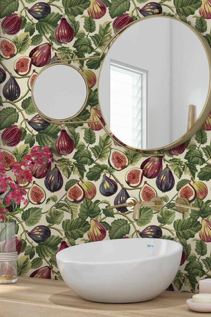 Cream wallpaper with a vintage purple fig and leafy botanical pattern shown in a modern bathroom.