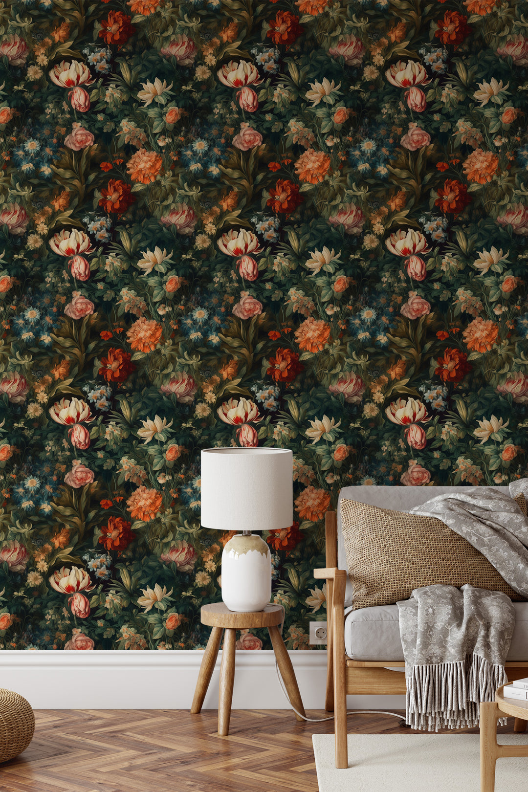 Dahlia Wallpaper Coral & Green Vintage Floral Garden Pattern featured in a cozy living room.