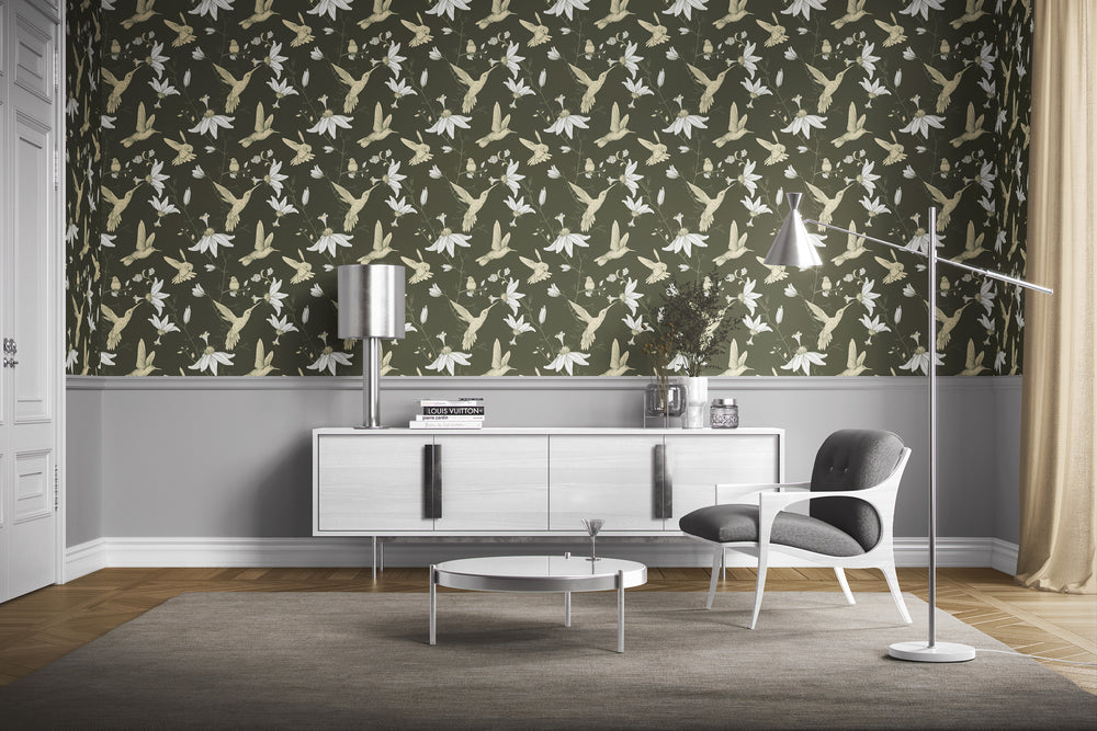 Living room with olive green hummingbird wallpaper featuring a botanical floral bird pattern and modern mid-century decor

