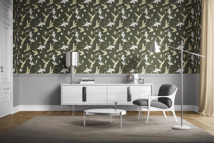 Living room with olive green hummingbird wallpaper featuring a botanical floral bird pattern and modern mid-century decor
