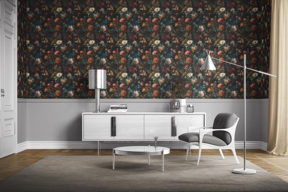 Dahlia Wallpaper Rust & Teal Vintage Floral Garden Pattern in a modern living room.