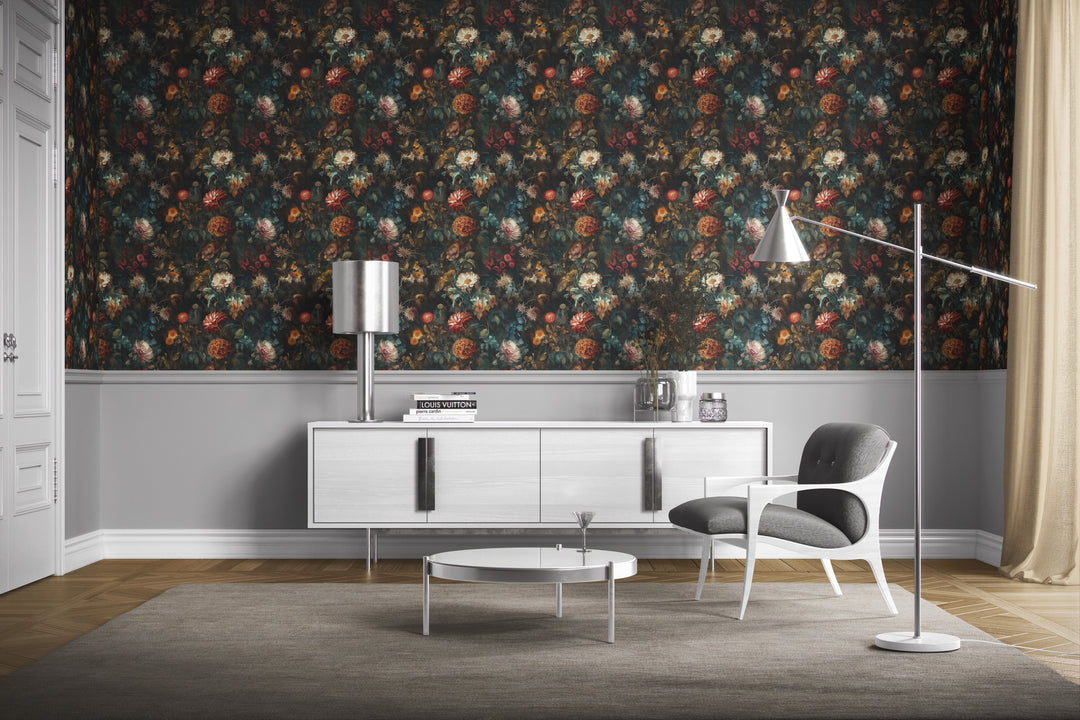 Dahlia Wallpaper Rust & Teal Vintage Floral Garden Pattern in a modern living room.