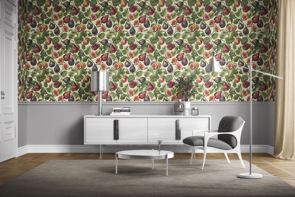 Cream wallpaper with a vintage purple fig and leafy botanical pattern shown in a modern living room.