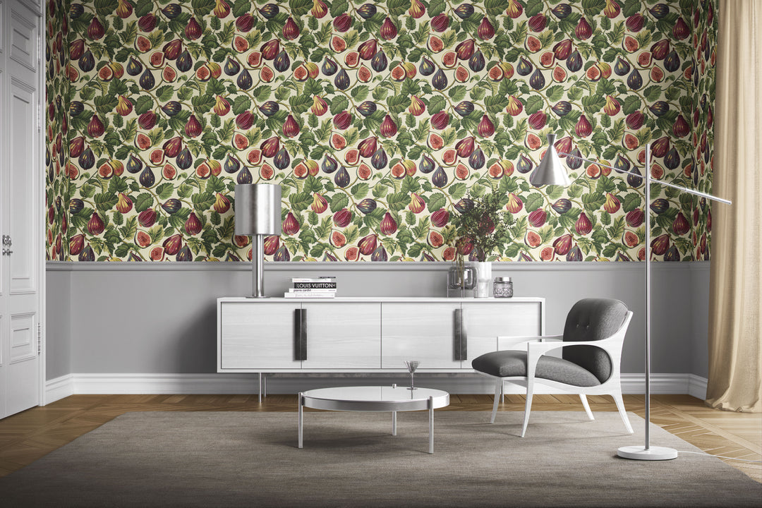 Cream wallpaper with a vintage purple fig and leafy botanical pattern shown in a modern living room.