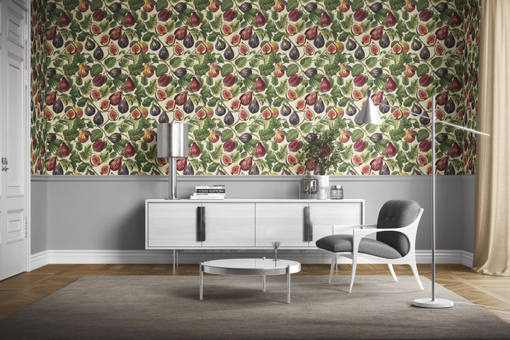Cream wallpaper with a vintage purple fig and leafy botanical pattern shown in a modern living room.