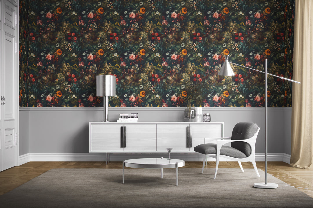 Dahlia Wallpaper Dark Teal Vintage Wildflower Floral Pattern in a stylish living room.