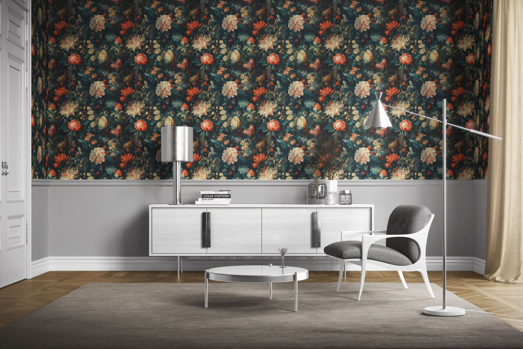 Cream and orange floral wallpaper on a dark teal background featured as a modern mid-century living room accent wall behind a white console, lounge chair, and floor lamp.