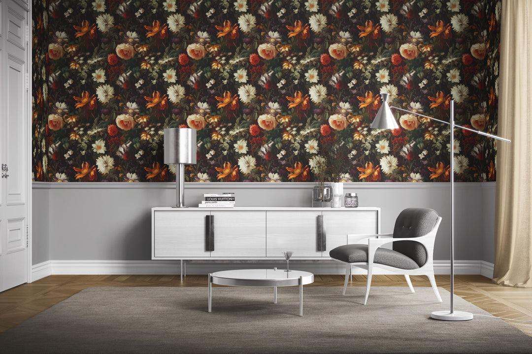 Dahlia Wallpaper Ivory & Orange Vintage Floral Garden Pattern in a modern living room.
