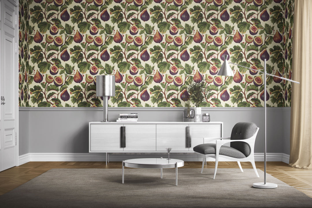 Cream fig wallpaper with a crimson-veined foliage pattern shown in a modern living room.