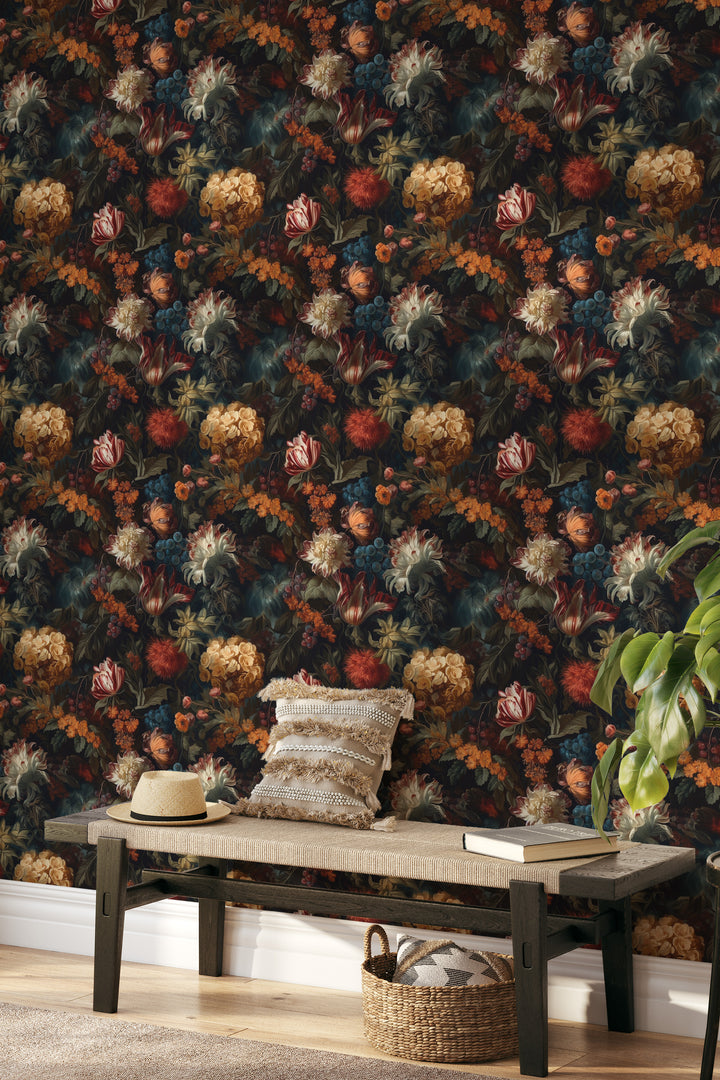 Dahlia Wallpaper Rust & Cream Vintage Floral Garden Pattern shown in a cozy entryway.