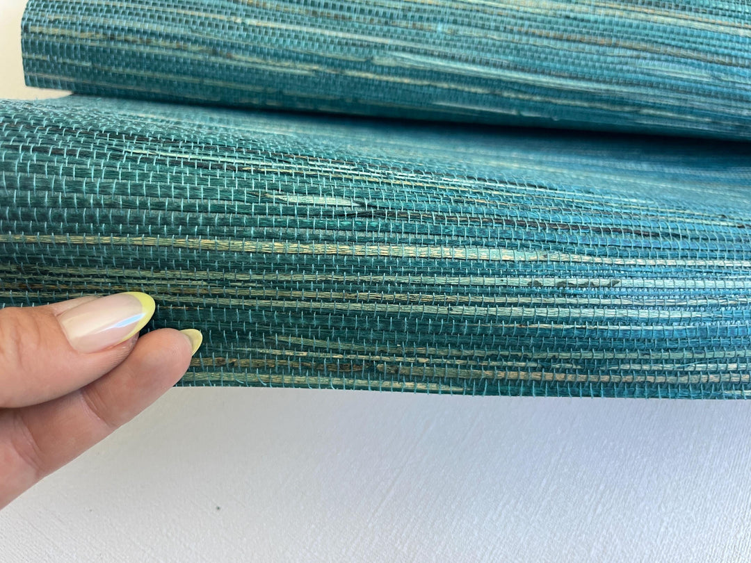 Natural Grasscloth Hemp Wallpaper painted in matte blue-green color 41033