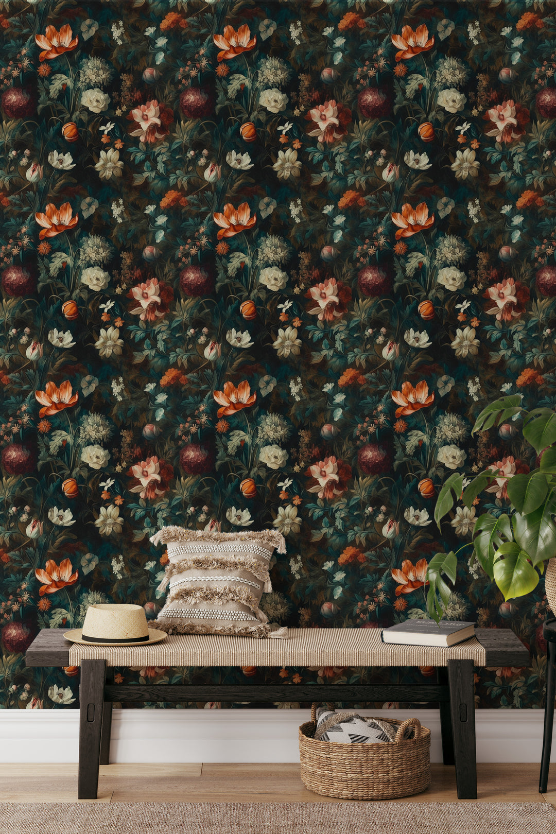 Orange and cream painterly botanical wallpaper featured in a cozy entryway.