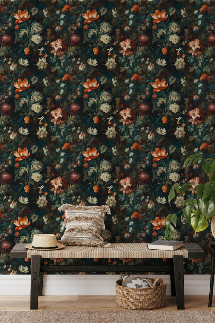 Orange and cream painterly botanical wallpaper featured in a cozy entryway.