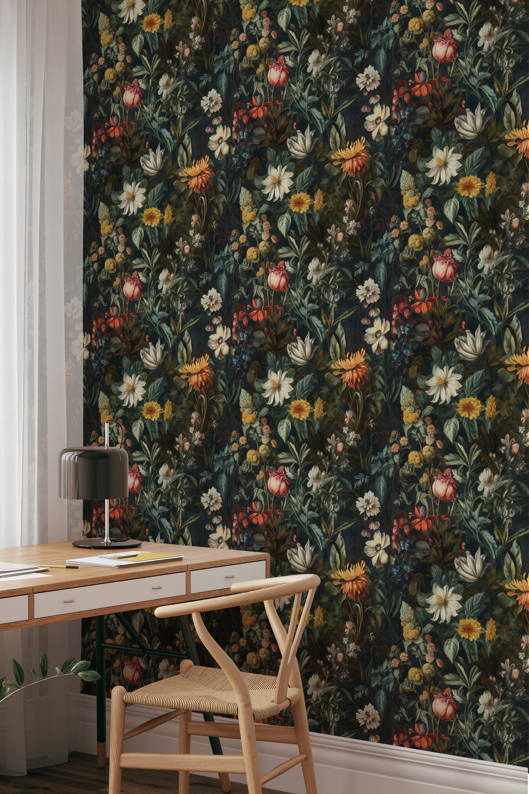 Dahlia Wallpaper Golden Cream Vintage Floral Garden Pattern featured in a stylish home office.