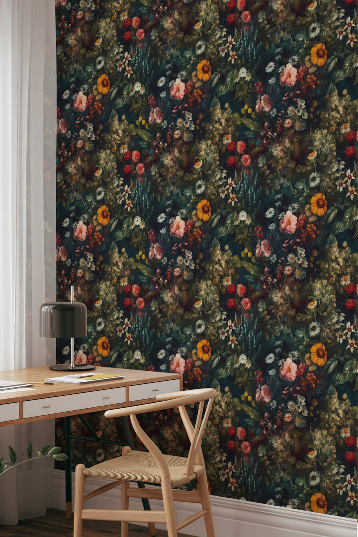 Dahlia Wallpaper Dark Teal Vintage Wildflower Floral Pattern in a stylish home office.