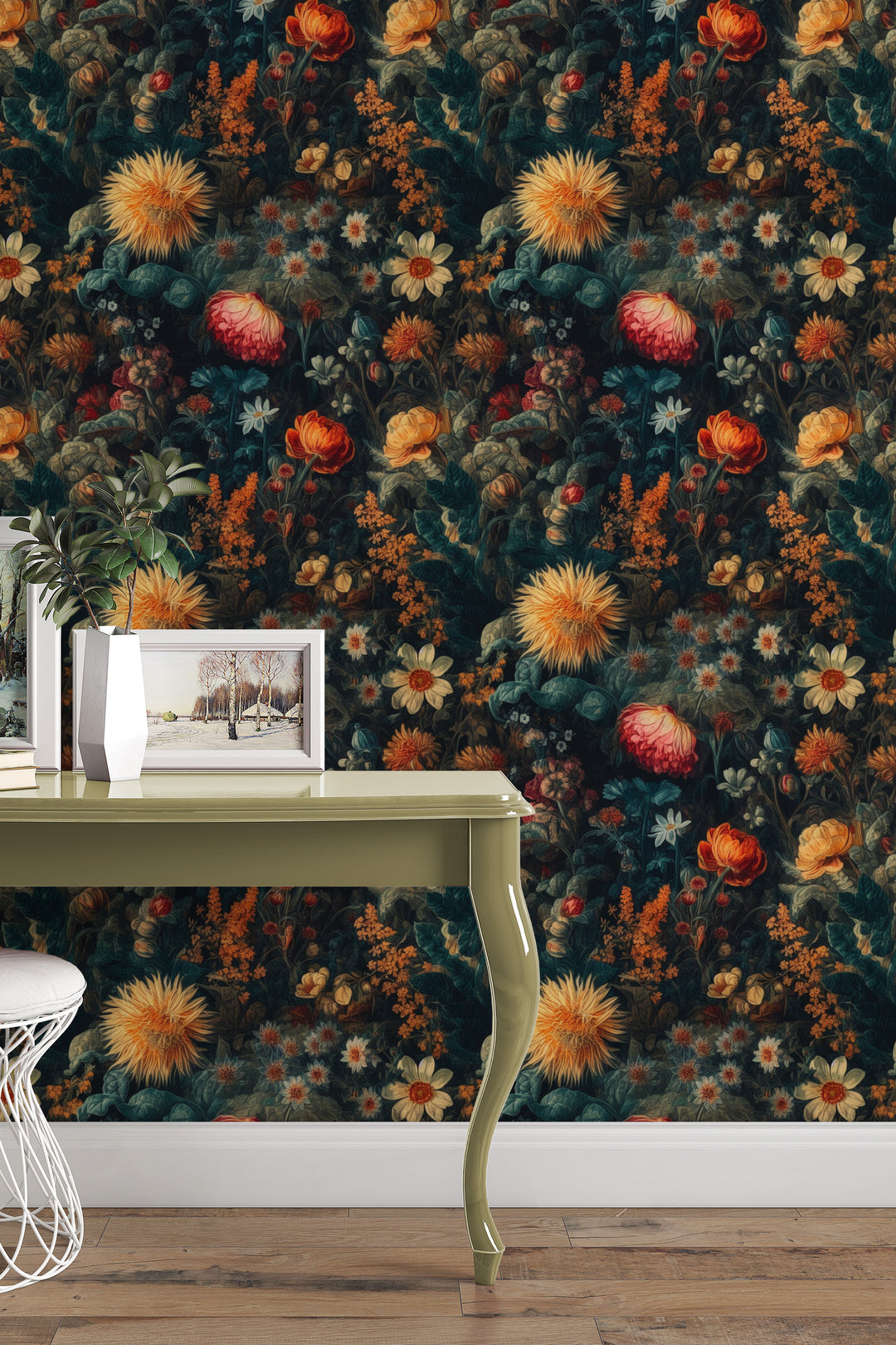 Dahlia Wallpaper Dark Teal & Golden Orange Vintage Botanical Floral Pattern in a stylish entryway.