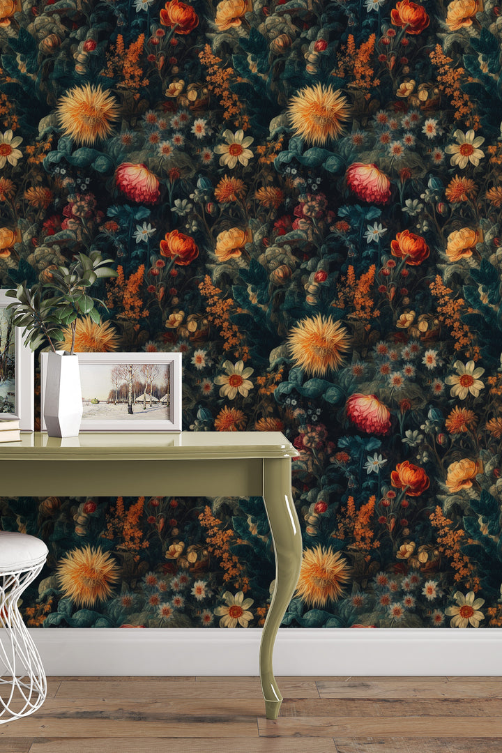 Dahlia Wallpaper Dark Teal & Golden Orange Vintage Botanical Floral Pattern in a stylish entryway.