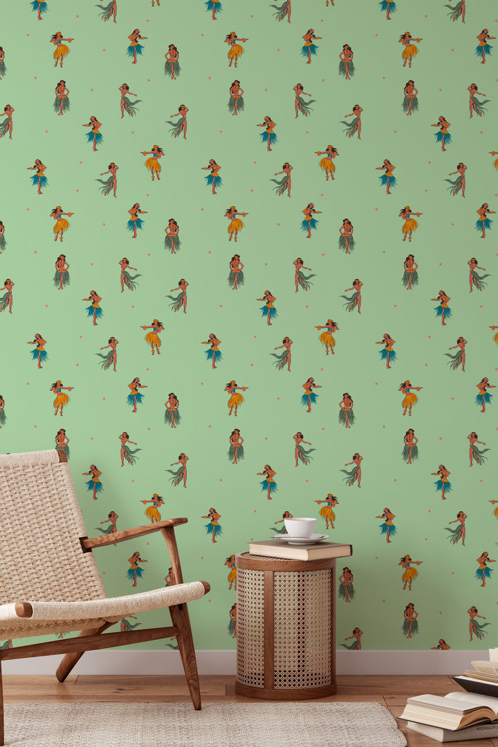 Hawaiian Dancers On Light Green Background 3712