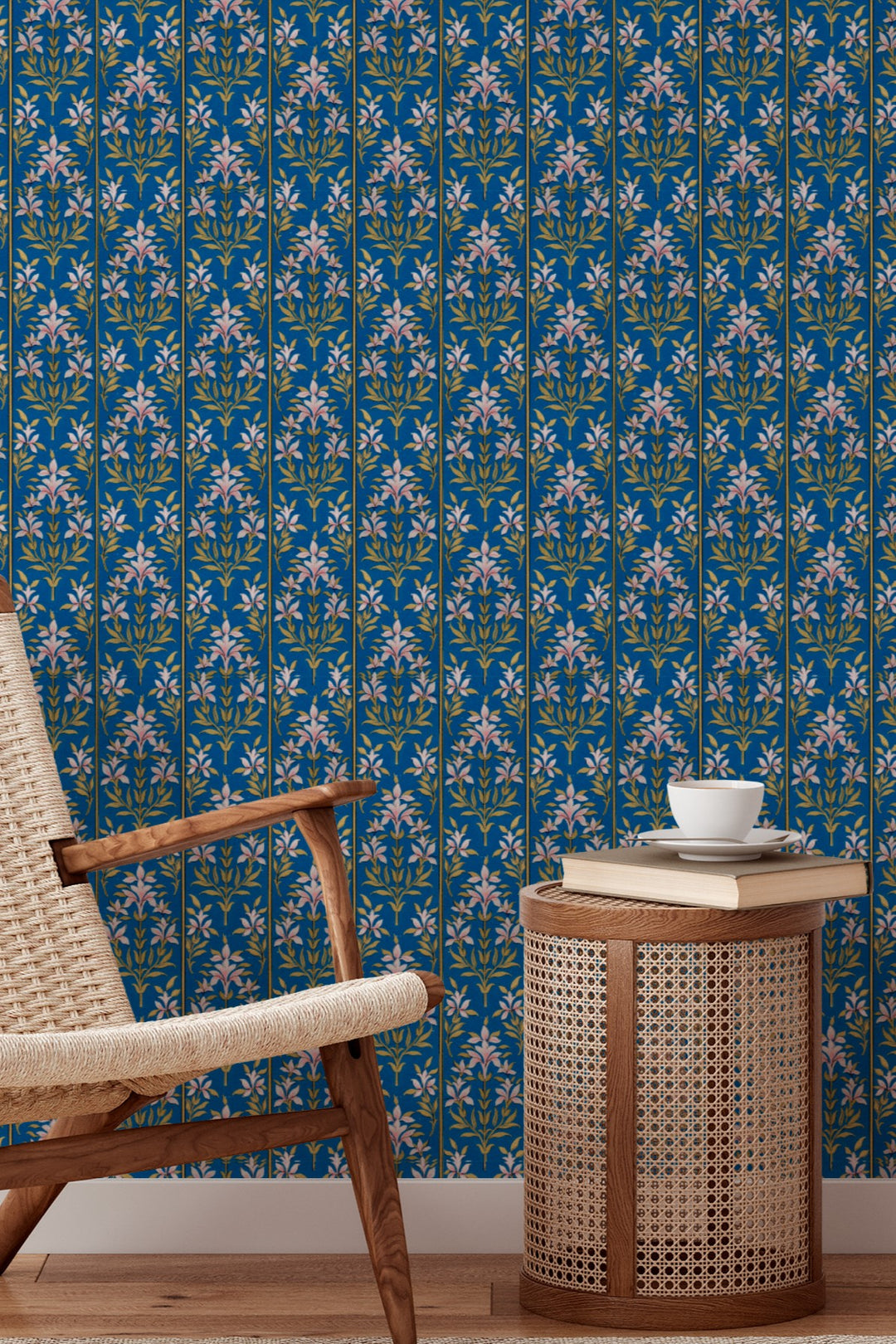 Blue Floral Stripe Wallpaper Elegant Botanical Vine 3772