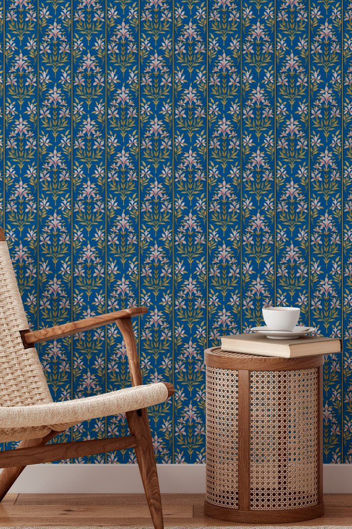 Blue Floral Stripe Wallpaper Elegant Botanical Vine 3772