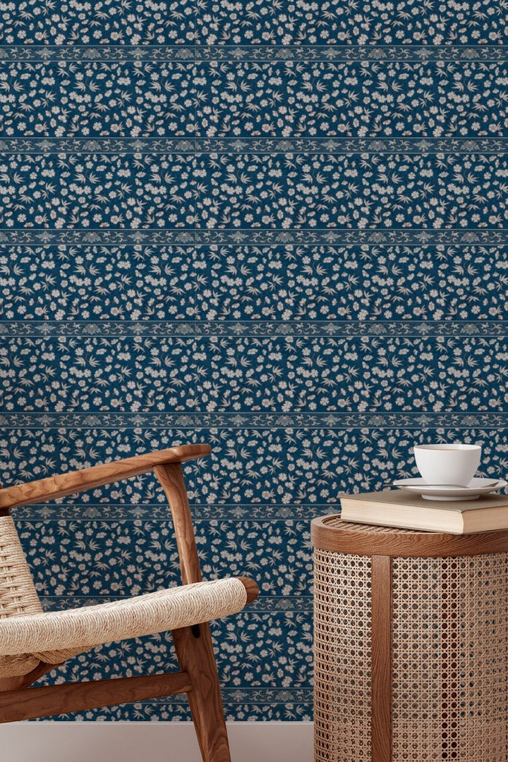 Indigo Floral Stripe Wallpaper Traditional Botanical Design 3765