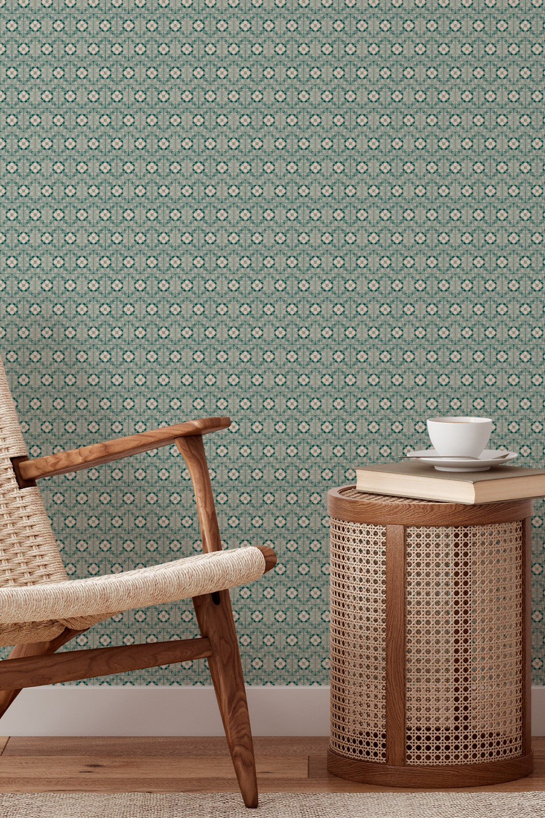 Mini Floral Tile Wallpaper Soft Green Geometric 3766