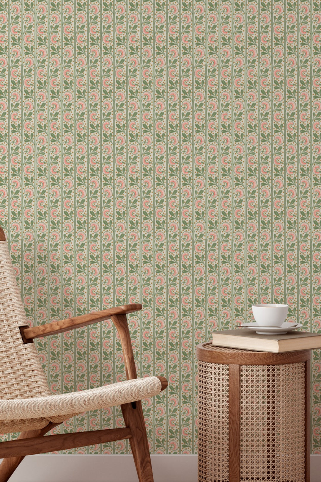 Vertical Botanical Stripe Wallpaper  Delicate Floral Vine 3773
