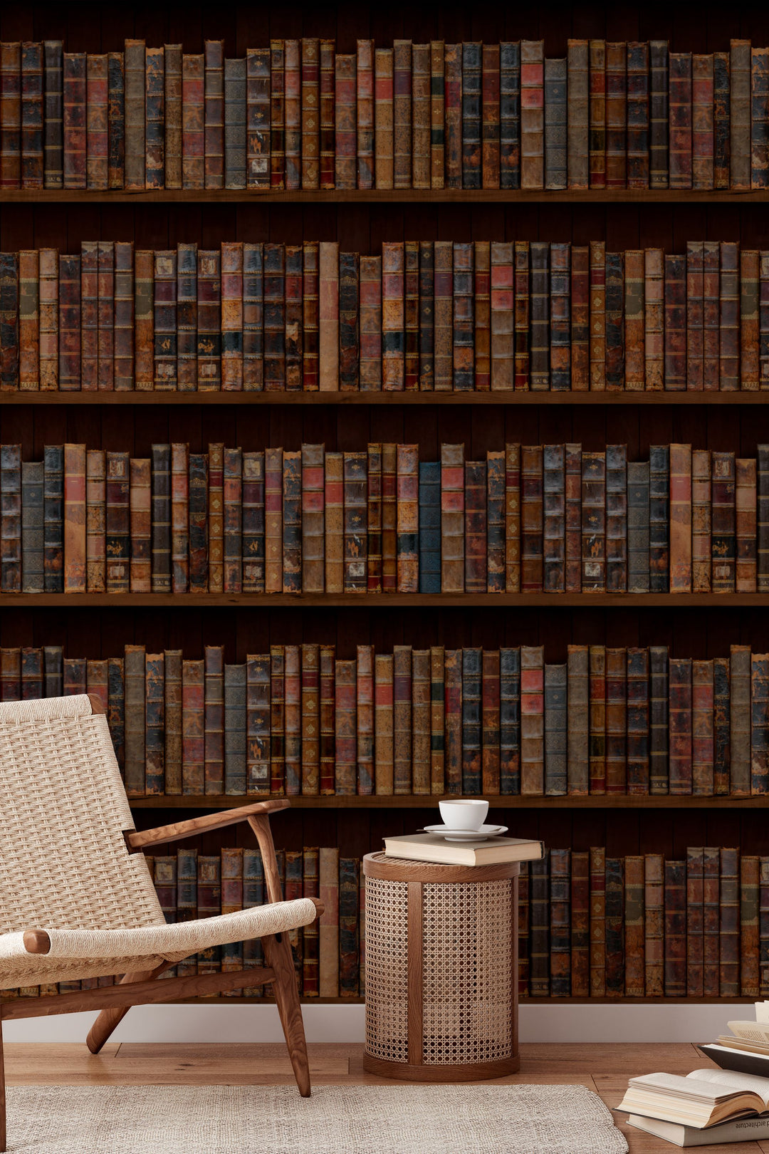 wallpaper for wlls murals Shelves filled with vintage books with worn leather bindings