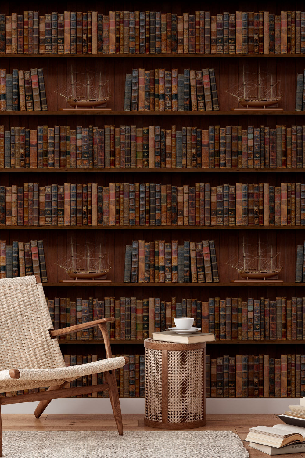 Wallpaper Shelves filled with books and model ships in a library setting