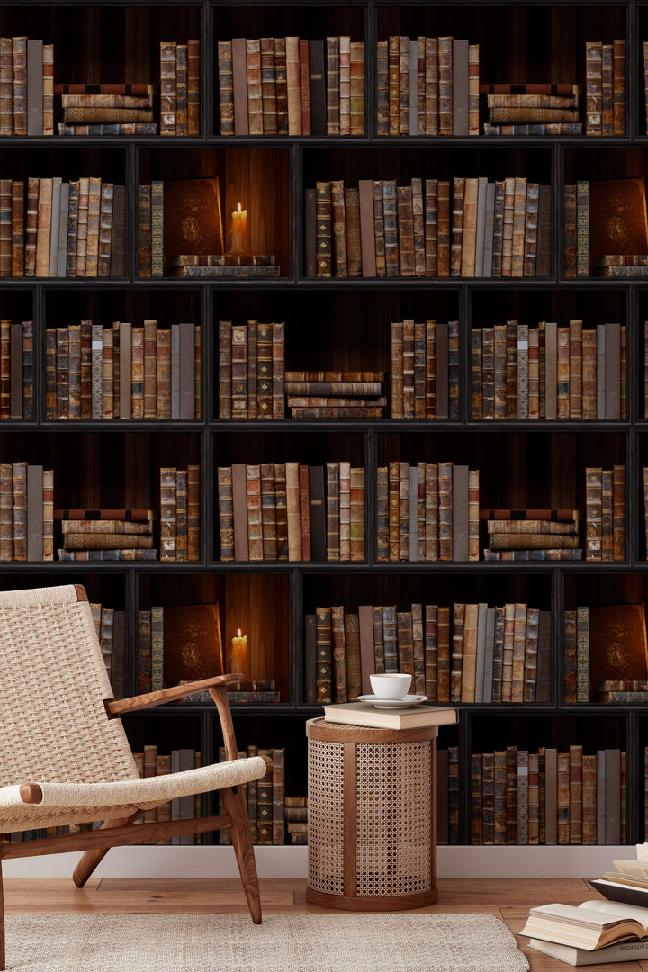 Vintage Library Panel Wallpaper with Candlelight – Framed Bookshelf 3785