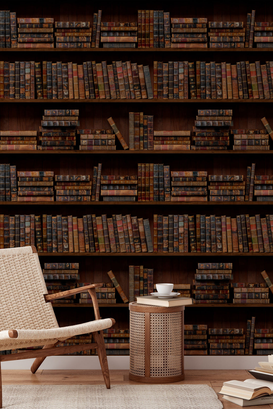 Bookshelf filled with vintage books in a dark setting