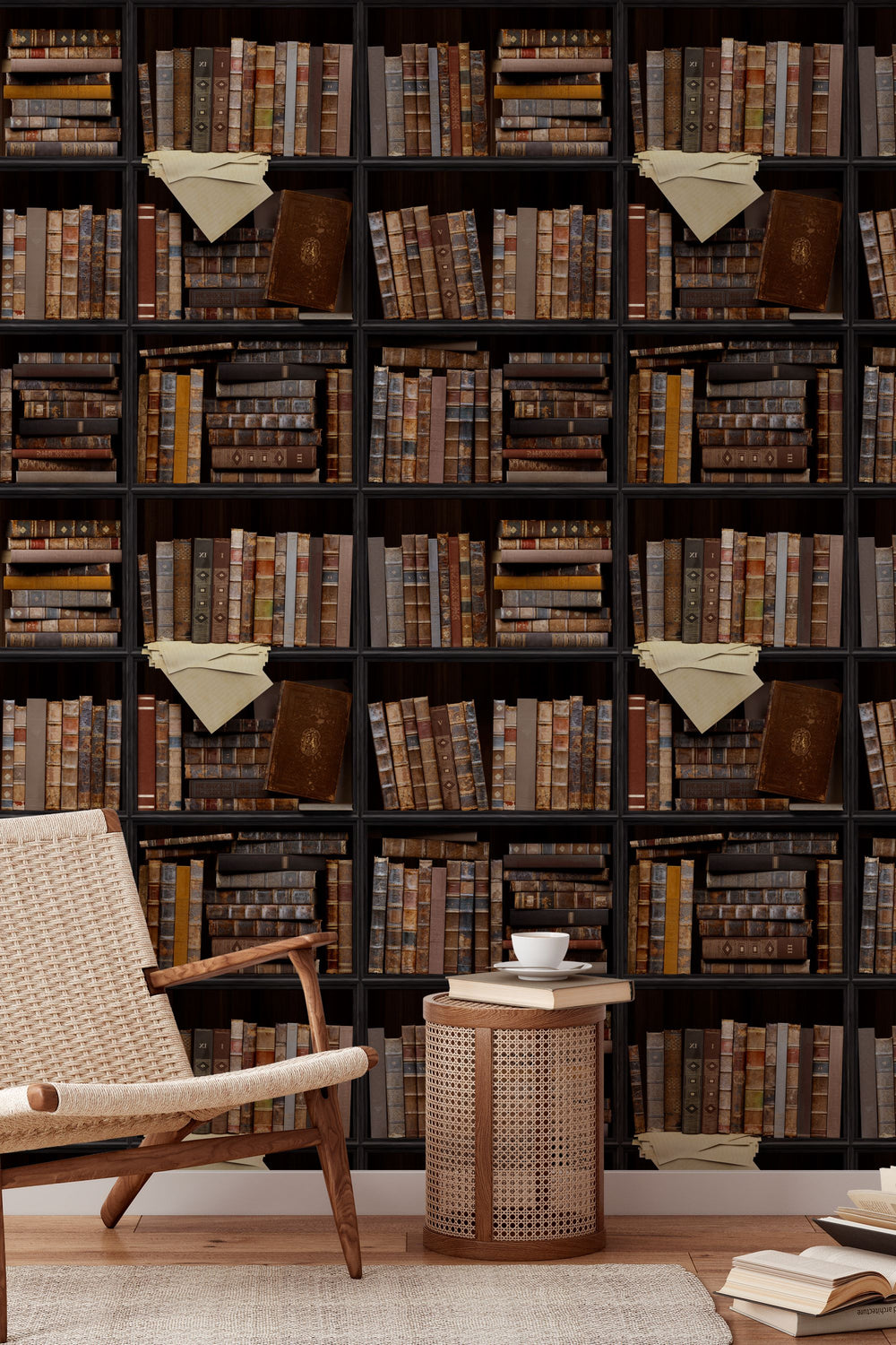 Wall with a pattern of books and triangular flags