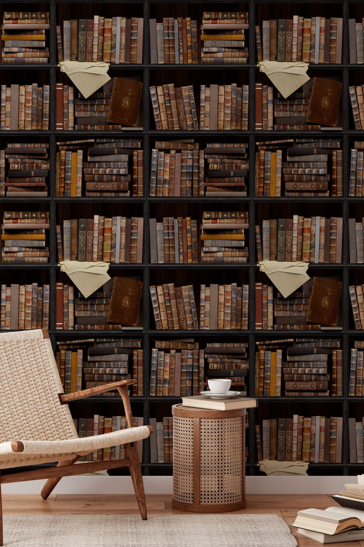 Wall with a pattern of books and triangular flags