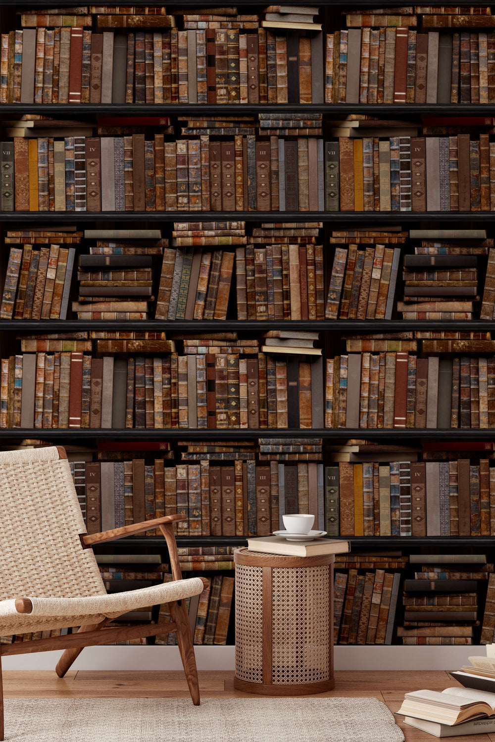 Shelves filled with books of various sizes and colors.