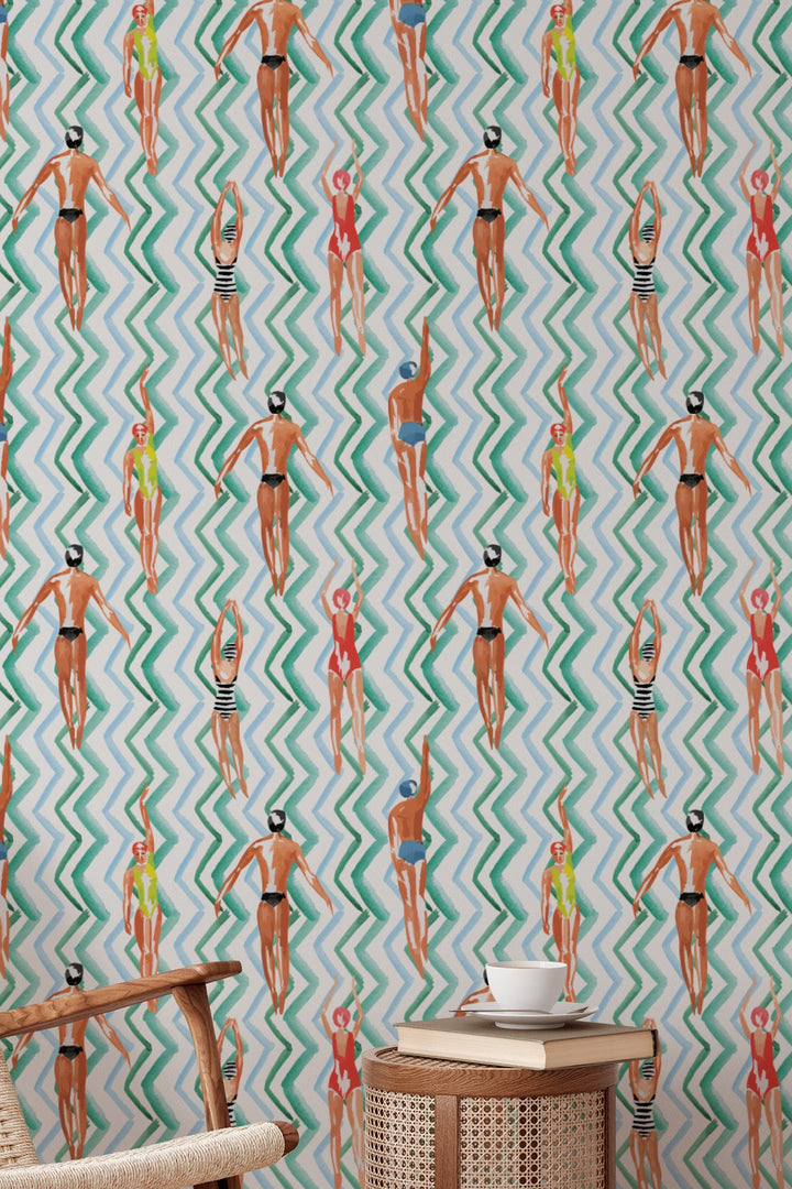 Vintage Swimmers Waves Wallpaper  Retro Poolside Pattern 3790