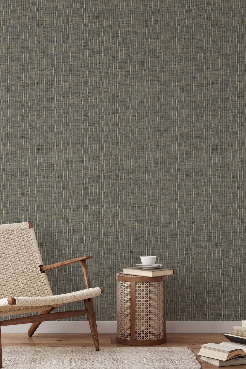 Textured commercial wallpaper with a chair and small table in front