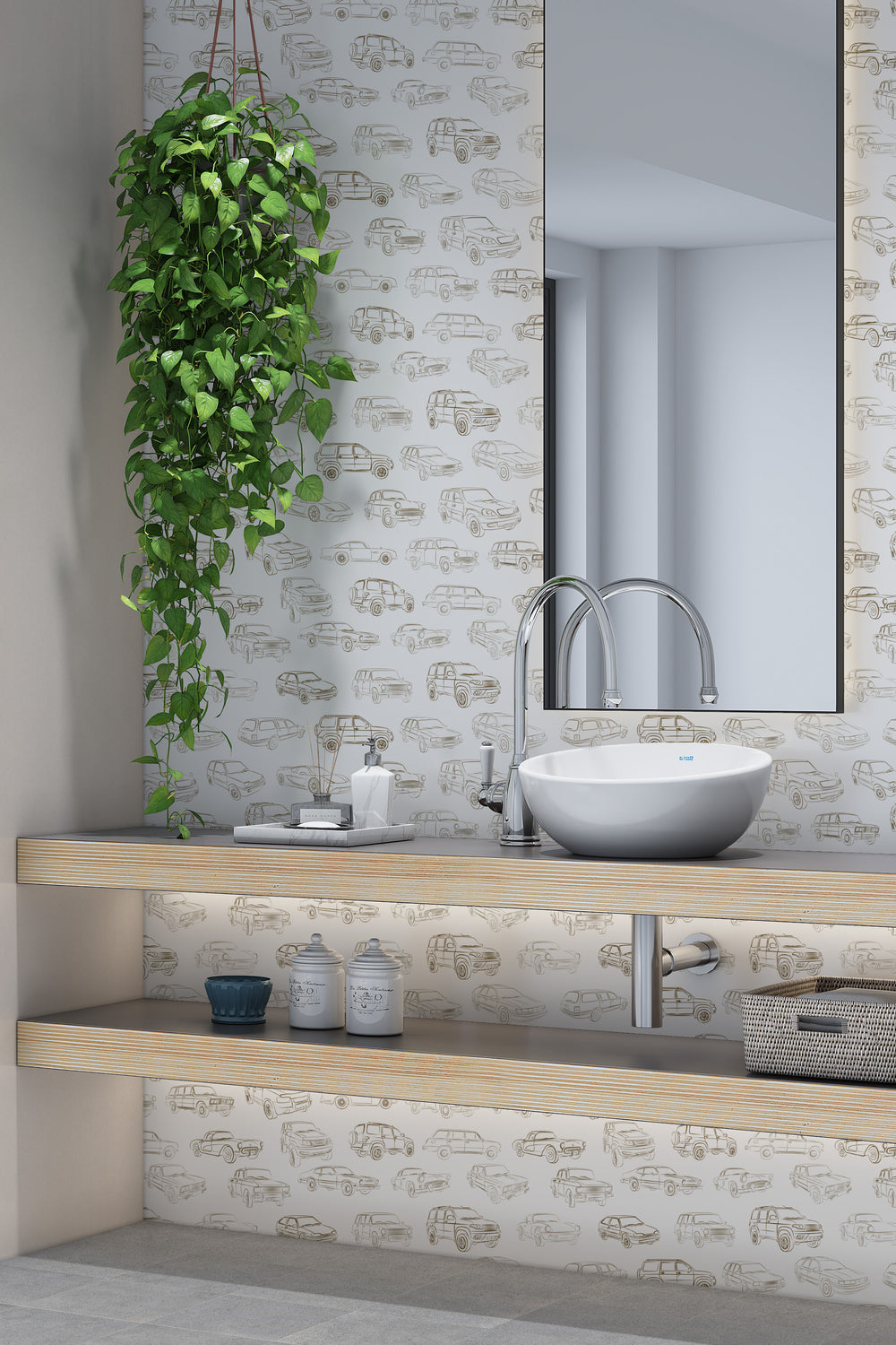 Neutral vintage car wallpaper with brown line art classic vehicle illustrations in a modern minimalist bathroom