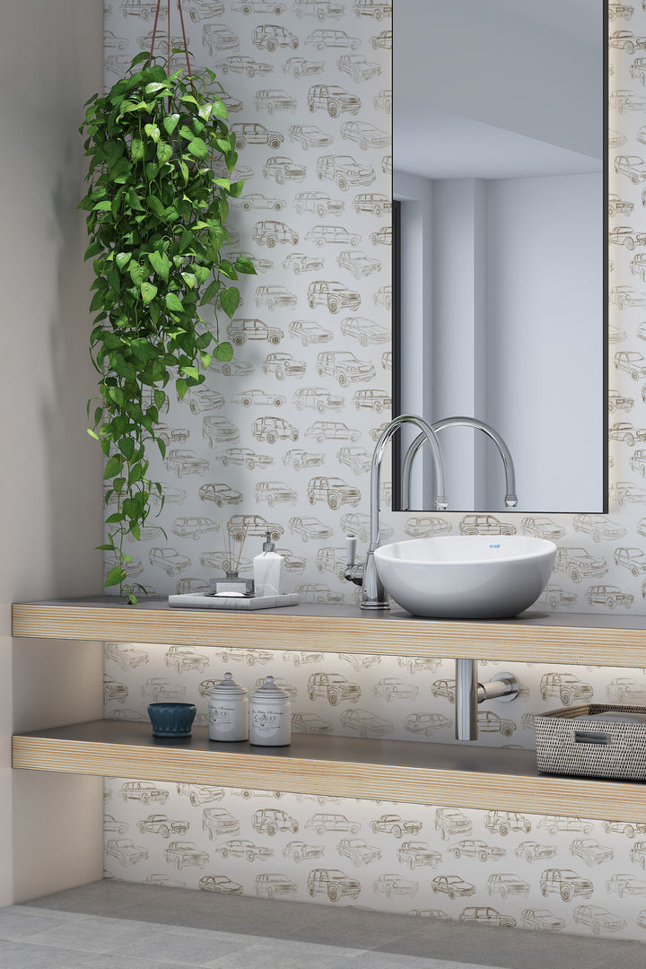 Neutral vintage car wallpaper with brown line art classic vehicle illustrations in a modern minimalist bathroom