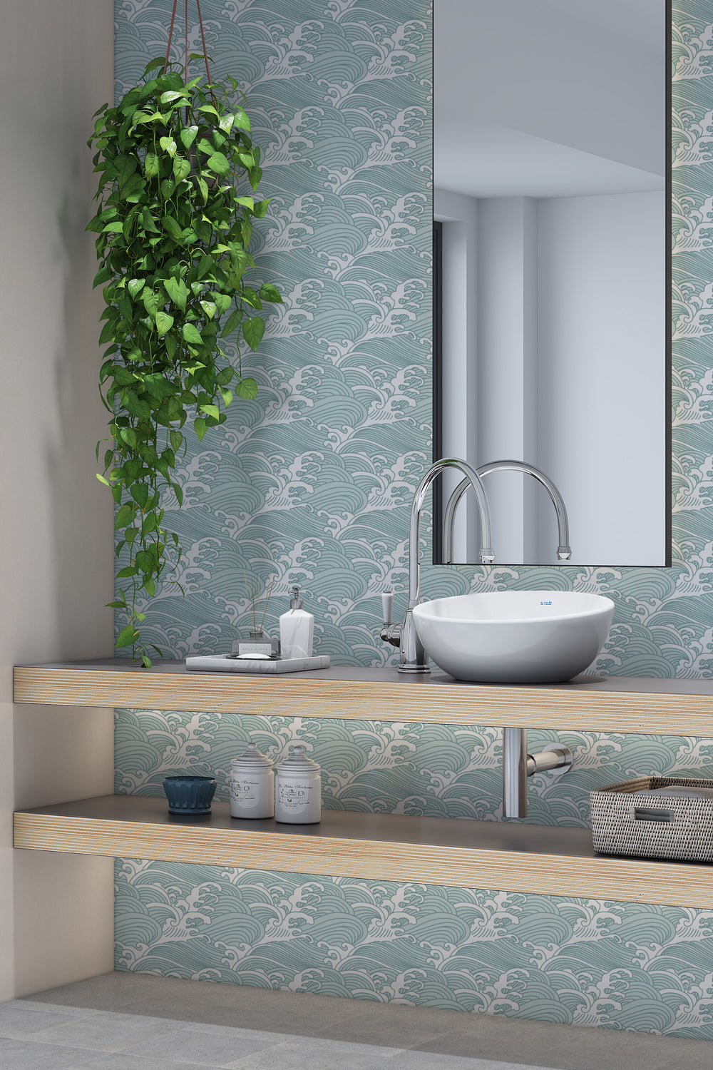 Bathroom with aqua blue Japanese wave wallpaper featuring a traditional ocean pattern and modern minimalist decor