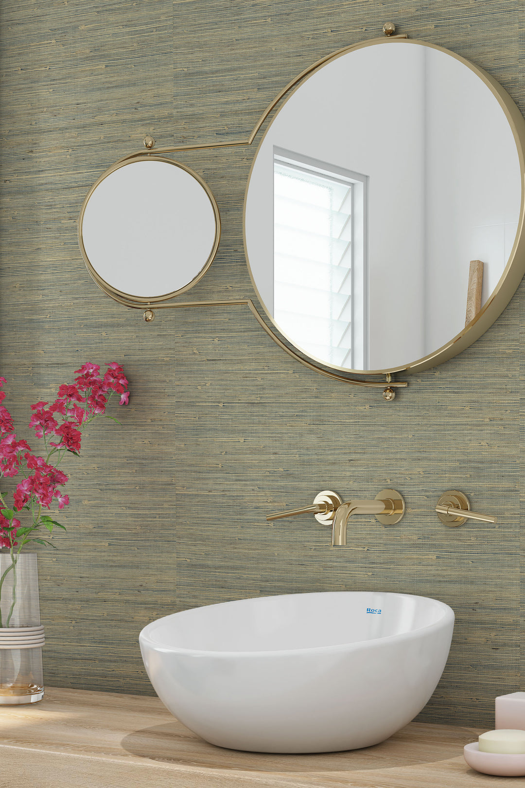 Bathroom wall with Faux Hemp wallpaper in warm beige woven design.