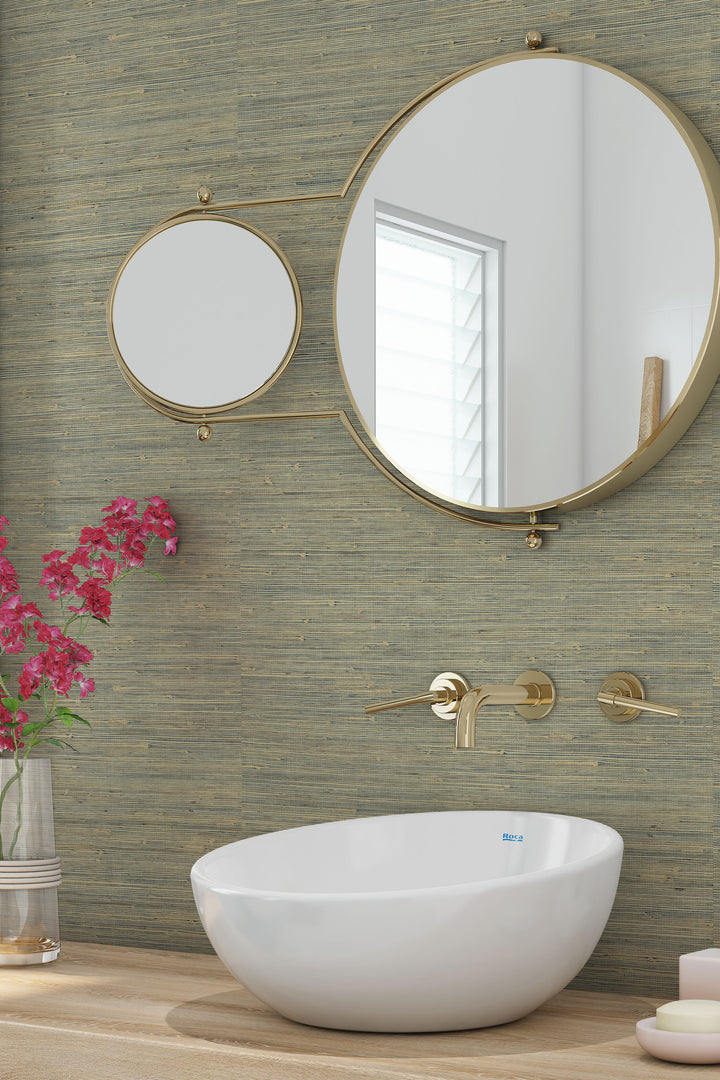 Bathroom wall with Faux Hemp wallpaper in warm beige woven design.